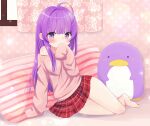  1girl absurdres ahoge bangs barefoot blush covering_mouth curtains highres indoors long_hair long_sleeves lying nekomura_yuyuko off_shoulder original pillow plaid plaid_skirt pleated_skirt purple_eyes purple_hair skirt sleeves_past_fingers sleeves_past_wrists solo stuffed_animal stuffed_penguin stuffed_toy sweater 