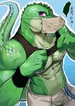  abs absurd_res anthro blue_background bottomwear clothed clothing clothing_lift crocodilian glistening glistening_eyes green_body green_scales green_tail head_spikes hi_res looking_at_viewer male mask muscular muscular_anthro muscular_male outline pants pecs pose pupils purple_eyes reptile scales scalie shirt shirt_lift simple_background slit_pupils solo spiked_tail spikes spikes_(anatomy) t.y.stars topwear white_outline 