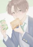  1boy absurdres ameno_(a_me9) bangs blazer blush bread bread_slice brown_hair collared_shirt drink eating food food_in_mouth green_eyes highres holding holding_drink holding_food jacket juice_box male_focus mouth_hold necktie original parted_bangs school_uniform shirt short_hair solo striped_necktie sweater toast toast_in_mouth 