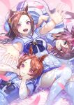  3girls blue_eyes bow bowtie brown_hair cherry_blossoms ear_ornament falling_petals flower_in_eye gold_hairband high_ponytail highres horseshoe_ornament long_hair looking_at_viewer multiple_girls nabe_saori petals pink_eyes pleated_skirt puffy_short_sleeves puffy_sleeves purple_bow purple_bowtie purple_shirt sailor_collar sailor_shirt sakura_bakushin_o_(umamusume) sakura_chiyono_o_(umamusume) sakura_laurel_(umamusume) school_uniform shirt short_hair short_sleeves skirt summer_uniform symbol_in_eye thighhighs tracen_school_uniform umamusume white_skirt white_thighhighs 