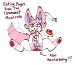  eeveelution female feral food food_in_mouth genitals hi_res jitterclaws looking_at_viewer nintendo pok&eacute;mon pok&eacute;mon_(species) pussy ribbons simple_background snack solo spread_legs spread_pussy spreading sylveon text video_games white_background white_body 