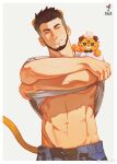  1boy abs absurdres alca_(wakatanka4) animal_ears bara beard black_hair black_male_underwear bright_pupils clothes_lift creature creature_on_shoulder dailang12345 facial_hair gyee head_tilt highres lifted_by_self lion_boy lion_ears lion_tail looking_at_viewer male_focus male_underwear male_underwear_peek mature_male muscular muscular_male navel on_shoulder open_pants original pants seductive_smile shirt shirt_lift short_hair smile solo stomach tail tail_raised thick_eyebrows underpec underwear waving white_shirt 