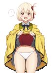  ... 1girl :d ass_visible_through_thighs blonde_hair blue_ribbon blush clothes_lift dress hair_ribbon highres lifted_by_self lycoris_recoil lycoris_uniform mibushiro navel neck_ribbon nishikigi_chisato one_side_up open_mouth poncho red_eyes red_ribbon ribbon short_hair simple_background skindentation skirt skirt_lift smile solo speech_bubble spoken_ellipsis sweatdrop thighs white_background wing_collar yellow_dress 