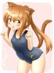  1girl animal_ears blue_swimsuit brown_eyes brown_hair cat_ears cat_tail commentary_request covered_navel cowboy_shot crescent crescent_pin fumizuki_(kancolle) kantai_collection leaning_forward long_hair looking_at_viewer old_school_swimsuit one-hour_drawing_challenge paw_pose ponytail ray.s school_swimsuit solo swimsuit tail 
