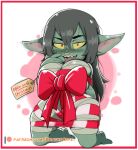  2019 bandage bdsm bedroom_eyes big_breasts blush bondage bound brachyzoid breast_squish breasts christmas critical_role facial_piercing female goblin green_body green_skin holidays humanoid humanoid_pointy_ears kneeling looking_at_viewer narrowed_eyes nose_piercing nose_ring not_furry nott open_mouth piercing red_eyes ribbon_bondage ribbons ring_piercing seductive sharp_teeth short_stack solo squish teeth tongue tongue_out yellow_sclera 