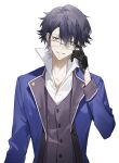  1boy absurdres adjusting_eyewear ayuqwq bishounen black-framed_eyewear black_eyes black_gloves black_hair buttons fushimi_saruhiko glasses gloves hair_between_eyes highres k_(anime) male_focus short_hair smile solo sword upper_body weapon white_background 