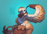  absurd_res anthro avian beak bird butt digital_media_(artwork) eyewear feathers female freckles hi_res looking_at_viewer looking_back masked_owl merriberry miya_(bluepegasi) one_eye_closed owl rear_view simple_background smile solo solo_focus sunglasses tail_feathers tytonid winged_arms wings wink winking_at_viewer 