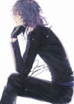  0615600312 1boy bishounen black_gloves gloves highres k_(anime) male_focus medium_hair mishakuji_yukari profile signature sitting solo white_background 