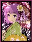  absurdres bangs closed_mouth commentary_request flower green_kimono hair_flower hair_ornament hajike_akira happy hieda_no_akyuu highres holding holding_umbrella japanese_clothes kimono layered_clothes layered_kimono looking_at_viewer oil-paper_umbrella one-hour_drawing_challenge petals purple_eyes purple_hair red_ribbon ribbon short_hair smile solo tassel touhou umbrella white_flower yellow_kimono 