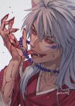  1boy alternate_form bangs bead_necklace beads blood blood_on_face collarbone colored_sclera commentary_request fangs green_eyes grey_background grey_hair hair_between_eyes highres inuyasha inuyasha_(character) japanese_clothes jewelry kariginu katana licking licking_hand long_hair long_sleeves looking_at_viewer male_focus messy_hair motobi_(mtb_umk) necklace open_mouth red_sclera serious sharp_teeth sidelocks simple_background slit_pupils solo sword teeth tongue tongue_out twitter_username upper_body very_long_hair weapon wide_sleeves 