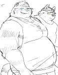  2022 anthro belly big_belly blush bodily_fluids canid canine clothing duo felid hat headgear headwear hi_res kemono male mammal navel overweight overweight_male shirt sweat topwear uokkom 