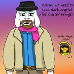  ambiguous_gender anthro beard belt blue_clothing blue_shirt blue_topwear bovid breaking_bad brown_hair caprine clothed clothing crossover deltarune duo eyewear facial_hair glasses goat grading hair hat headgear headwear hidden_eyes hood human humanoid jesse_pinkman kris_(deltarune) low_res male mammal pink_eyes ralsei scarf shirt simple_background topwear undertale_(series) vest video_games walter_white winterfrostwastaken 