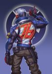  1boy arm_up armband bara blue_background collared_jacket gloves gun jacket jiajiuli logo looking_at_viewer looking_back male_focus manly mature_male muscular muscular_male one_eye_covered overwatch pants short_hair simple_background soldier:_76_(overwatch) solo thumbs_up visor weapon white_hair 