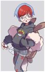  1girl :o backpack bag bangs blue_hair border brown_bag commentary_request eevee glasses grey_background grey_eyes hand_in_pocket highres hiisu_(s-1104-d) holding holding_poke_ball hood hoodie legwear_under_shorts long_sleeves multicolored_hair penny_(pokemon) poke_ball poke_ball_(basic) pokemon pokemon_(game) pokemon_sv red_hair round_eyewear see-through see-through_skirt short_hair shorts shorts_under_skirt skirt solo themed_object two-tone_hair white_border 