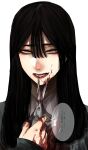  1girl black_hair blood blood_on_face blood_splatter braces collared_shirt grey_eyes grey_jacket hair_between_eyes highres holding holding_scissors hoshi_san_3 jacket long_hair looking_at_viewer open_mouth original scissors shirt simple_background smile solo translation_request upper_body white_background white_shirt wing_collar yamifuka-san_(hoshi_san_3) 