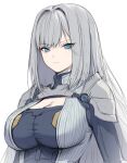  1girl armor bangs blue_eyes breast_tattoo breasts cleavage cleavage_cutout closed_mouth clothing_cutout ethel_(xenoblade) grey_hair haoni highres large_breasts long_hair looking_at_viewer shoulder_armor simple_background solo tattoo very_long_hair white_background xenoblade_chronicles_(series) xenoblade_chronicles_3 