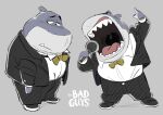  absurd_res anthro belly bottomwear bow_tie chibetto clothing concept_art countershading dreamworks fish hi_res male marine microphone mr._shark_(the_bad_guys) official_art overweight overweight_male pants shark shirt simple_background solo suit the_bad_guys topwear 