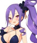  1girl bangs bare_shoulders blush breasts cleavage collarbone fate/grand_order fate_(series) highres large_breasts long_hair looking_at_viewer open_mouth purple_eyes purple_hair shimejirou_(000kk) smile solo swimsuit wu_zetian_(fate) wu_zetian_(swimsuit_caster)_(fate) 