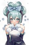  1girl bare_shoulders blue_bow blush bow character_doll cinnamiku cinnamoroll closed_mouth commentary detached_sleeves doll_hug double_bun hair_bun hatsune_miku highres looking_at_viewer object_hug shirt sleeveless sleeveless_shirt smile solo updo vocaloid xoaiu 