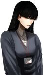  1girl black_hair collared_shirt grey_eyes grey_jacket highres hoshi_san_3 id_card jacket lanyard long_hair mole mole_under_eye mole_under_mouth original parted_lips shirt simple_background solo upper_body white_background white_shirt wing_collar yamifuka-san_(hoshi_san_3) 