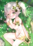  1girl bangs bare_shoulders blush closed_mouth commentary_request dress feet_out_of_frame flower flower-shaped_pupils genshin_impact green_eyes green_hair grey_hair hair_between_eyes hands_up knee_up looking_at_viewer lying multicolored_hair nahida_(genshin_impact) on_grass on_side pointy_ears renew_vivi side_ponytail sleeveless sleeveless_dress solo streaked_hair symbol-shaped_pupils white_dress white_flower 