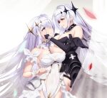  2girls azur_lane black_dress black_vs_white blue_eyes blue_gemstone breasts chain cleavage detached_collar dress dual_persona earrings emden_(azur_lane) enchuu_kakiemon flower flower_in_eye flower_over_eye gem hair_ornament hand_on_another&#039;s_cheek hand_on_another&#039;s_face highres jewelry large_breasts light_purple_hair long_hair multiple_girls padlocked_collar red_eyes red_flower red_gemstone red_rose rose selfcest simple_background sleeveless sleeveless_dress symbol_in_eye very_long_hair white_background white_dress white_flower white_rose yuri 