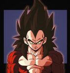 1boy abs bare_arms bare_back body_fur dragon_ball dragon_ball_gt fenyon highres large_pectorals looking_at_viewer male_focus monkey_boy muscular muscular_male no_shirt pectorals red_fur scowl vegeta widow&#039;s_peak yellow_eyes 
