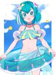  1girl absurdres alternate_costume aqua_bikini aqua_hair beach bikini blue_sky border cloud cloudy_sky cowboy_shot day hagoromo_lala hair_ornament highres horizon innertube navel ocean open_mouth outdoors precure sarong sky solo star_(symbol) star_hair_ornament star_in_eye star_twinkle_precure swimsuit symbol_in_eye toon_(noin) water white_border 