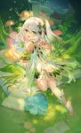  +_+ 1girl :d absurdres atdan bangs bare_shoulders book dress elf feet feet_up from_behind full_body fungi_(genshin_impact) genshin_impact gradient_hair grass green_eyes green_hair hair_between_eyes hair_ornament highres long_hair looking_at_viewer looking_back multicolored_hair mushroom nahida_(genshin_impact) no_shoes open_book pointy_ears revision short_sleeves side_ponytail smile socks solo stirrup_legwear toeless_legwear white_dress white_hair white_socks 