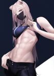  1girl abs animal_ears breasts clothes_lift cowboy_shot fingernails grey_eyes highres hololive lifted_by_self long_hair looking_at_viewer mask mouth_mask sharp_fingernails shirt_lift shishiro_botan solo standing surgical_mask tank_top toned underboob usagits_00 