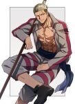  1boy abs bara belt blonde_hair collared_jacket crossed_legs domo_(domo_kizusuki) jacket looking_at_viewer male_focus manly mature_male muscular muscular_male no_shirt original over_shoulder pants pectorals scar scar_on_face shoes simple_background sitting smirk solo staff undercut weapon weapon_over_shoulder white_background yellow_eyes 