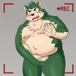  2022 anthro belly big_belly blush bodily_fluids canid canine canis countershading domestic_dog green_body green_eyes hi_res humanoid_hands kemono lifewonders live-a-hero male mammal mokdai moobs nipples overweight overweight_male solo surprise sweat video_games yaki_atsuage 
