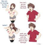  1boy 1girl absurdres backwards_virgin_killer_sweater blue_eyes breasts brown_eyes brown_hair commentary contrapposto covered_nipples defloration english_commentary english_text hair_over_shoulder hand_on_hip hands_on_hips heart_pasties highres large_breasts meme meme_attire mother_and_son myahogao navel original pasties signature thighhighs virgin_killer_sweater 