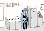  1girl :t blue_hair detached_sleeves eating hatsune_miku highres icon_315 locker long_hair necktie sleeveless solo spring_onion thighhighs twintails very_long_hair vocaloid 