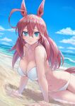  1girl ahoge animal_ears arm_support bare_shoulders beach blue_eyes blue_sky breasts cleavage closed_mouth cloud collarbone day horse_ears horse_girl horse_tail large_breasts long_hair looking_at_viewer mihono_bourbon_(umamusume) nabe_saori navel ocean outdoors reclining red_hair sitting sky smile solo tail umamusume water 