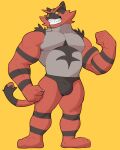  2022 anthro black_body black_fur bulge clothing felid feline fur hi_res incineroar jrjresq male mammal nintendo pok&eacute;mon pok&eacute;mon_(species) red_body red_fur simple_background smile solo stripes underwear video_games yellow_background 