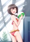  1girl absurdres ball beachball bikini brown_hair closed_eyes commentary_request cowboy_shot door facing_viewer frilled_bikini frills highres indoors kmtm_kmk0819 kono_subarashii_sekai_ni_shukufuku_wo! megumin red_bikini rei_no_pool short_hair short_hair_with_long_locks smile solo standing swimsuit 