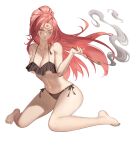  1girl absurdres amputee baiken big_hair bikini breasts cleavage eyepatch facial_tattoo guilty_gear guilty_gear_strive hanny_(uirusu_chan) highres large_breasts long_hair navel one-eyed pink_hair ponytail scar scar_across_eye scar_on_face smoking solo swimsuit tattoo white_background 