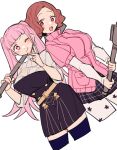  2girls axe breasts crossover do_m_kaeru fire_emblem fire_emblem:_three_houses garreg_mach_monastery_uniform hilda_valentine_goneril large_breasts multiple_girls okumura_haru one_eye_closed orange_eyes orange_hair pantyhose persona persona_5 pink_eyes pink_hair school_uniform sweater thighhighs trait_connection twintails 