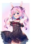  1girl :d absurdres animal_ears bangs bare_shoulders black_bow black_dress blue_eyes blue_hair blush bow breasts bunny_hair_ornament commentary_request crescent crescent_hair_ornament dress frilled_dress frills hair_between_eyes hair_bow hair_ornament hairclip hand_up highres indie_virtual_youtuber long_hair meito_(maze) mitsuki_shio multicolored_hair nail_polish off-shoulder_dress off_shoulder purple_hair purple_nails rabbit_ears small_breasts smile solo streaked_hair two-tone_hair two_side_up very_long_hair virtual_youtuber x_hair_ornament 