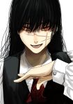  1girl :d ascot black_hair black_vest chainsaw_man hand_on_own_chest highres hoshi_san_3 long_hair long_sleeves looking_at_viewer mitaka_asa open_mouth red_ascot red_eyes scar scar_on_cheek scar_on_face shirt simple_background smile solo vest white_background white_shirt 