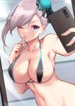  1girl absurdres areola_slip bikini blue_eyes breasts bun_cover cellphone cleavage collarbone fate/grand_order fate_(series) finger_to_mouth highres holding holding_phone index_finger_raised large_breasts micro_bikini miyamoto_musashi_(fate) miyamoto_musashi_(swimsuit_berserker)_(fate) navel one_eye_closed parted_lips phone pink_hair queasy_s selfie smartphone solo stomach swimsuit upper_body 