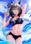  1girl absurdres animal_ears arm_up armpits bangs bare_arms bare_shoulders bikini black_bikini black_hair blue_eyes blue_sky breasts cleavage cloud collarbone commentary cowboy_shot day ear_scrunchie eishin_flash_(umamusume) groin hair_between_eyes hair_ribbon hand_up highres horse_ears kento_(kentdrawing) large_breasts looking_at_viewer navel open_mouth ribbon scrunchie short_hair sky solo standing stomach swimsuit thighs umamusume wading water white_scrunchie 