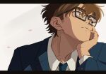  1boy ace_of_diamond black-framed_eyewear blazer brown_eyes brown_hair dangomochi2 head_rest highres jacket letterboxed looking_afar male_focus miyuki_kazuya necktie petals short_hair upper_body white_background 