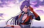  1girl absurdres armor asymmetrical_clothes bangs breasts cape choker cleavage fire_emblem fire_emblem:_three_houses fire_emblem_warriors:_three_hopes gloves hair_bun hair_over_one_eye highres large_breasts long_hair looking_at_viewer medium_breasts open_mouth purple_eyes purple_hair reia_hana shez_(fire_emblem) shez_(fire_emblem)_(female) simple_background single_hair_bun smile solo 