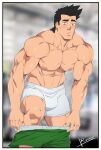 1boy abs artist_name bara biceps black_hair blue_eyes blurry blurry_background blush clothes_pull gym highres large_pectorals little_mac male_focus male_underwear manly mature_male muscular muscular_male navel nipples pectorals punch-out!! reiner55 short_hair shorts shorts_pull signature solo thick_arms thick_eyebrows thick_thighs thighs topless_male underwear 
