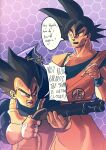  2boys absurdres anger_vein angry black_hair dragon_ball dragon_ball_z english_text fortnite gun highres multiple_boys muscular muscular_male open_mouth pencil shotgun son_goku spiked_hair trope_art vegeta weapon 