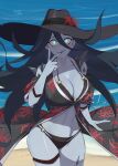  1girl barleyshake beach bikini black_hair blue_eyes breasts cleavage colored_skin dead_by_daylight floral_print grey_skin hair_between_eyes hat highres hooked_on_you large_breasts long_hair navel print_robe robe sun_hat swimsuit the_spirit_(dead_by_daylight) 