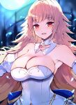  1girl archetype_earth arcueid_brunestud armpit_peek armpits bare_shoulders blonde_hair blush breasts cleavage detached_collar detached_sleeves dress fate/grand_order fate_(series) full_moon gown highres large_breasts long_hair long_sleeves looking_at_viewer moon night night_sky open_mouth princess red_eyes sky solo strapless strapless_dress tsukihime type-moon upper_body venomrobo 