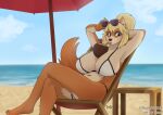  anthro beach beverage big_breasts bikini bikini_bottom bikini_top blonde_hair blue_eyes breasts canid canine canis chair clothing coconut coconut_drink collie consigspartan crossed_legs curvy_figure domestic_dog drupe_(fruit) eyewear eyewear_on_head female food fruit fur furniture hair hands_behind_head herding_dog mammal mitsy_fields_(wsad) orange_body orange_fur pastoral_dog plant raised_arms sea seaside sheepdog sitting solo sunglasses sunglasses_on_head swimwear tan_body tan_fur umbrella water 